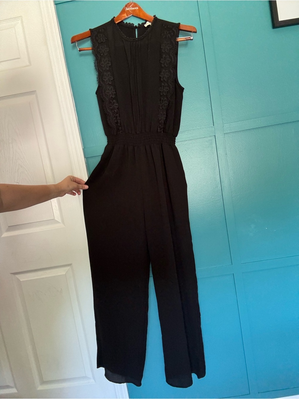 Monteau Los Angeles Black Lace-Trim Jumpsuit W/Pockets and Open Back Size Large